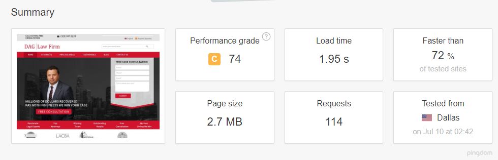 Pingdom Speed of a Legal Website